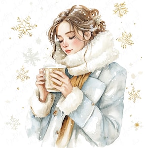 7 Watercolor Women in Festive Winter Coats Clipart, Cozy Winter Girl Hot Cocoa, Winter Beverage Clipart for Paper Crafts, High Quality JPG