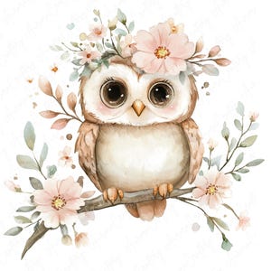 A set of 9 watercolor owl clipart images featuring cute owls perched on floral branches, ideal for nursery decor, rustic projects, and woodland-themed art designs.