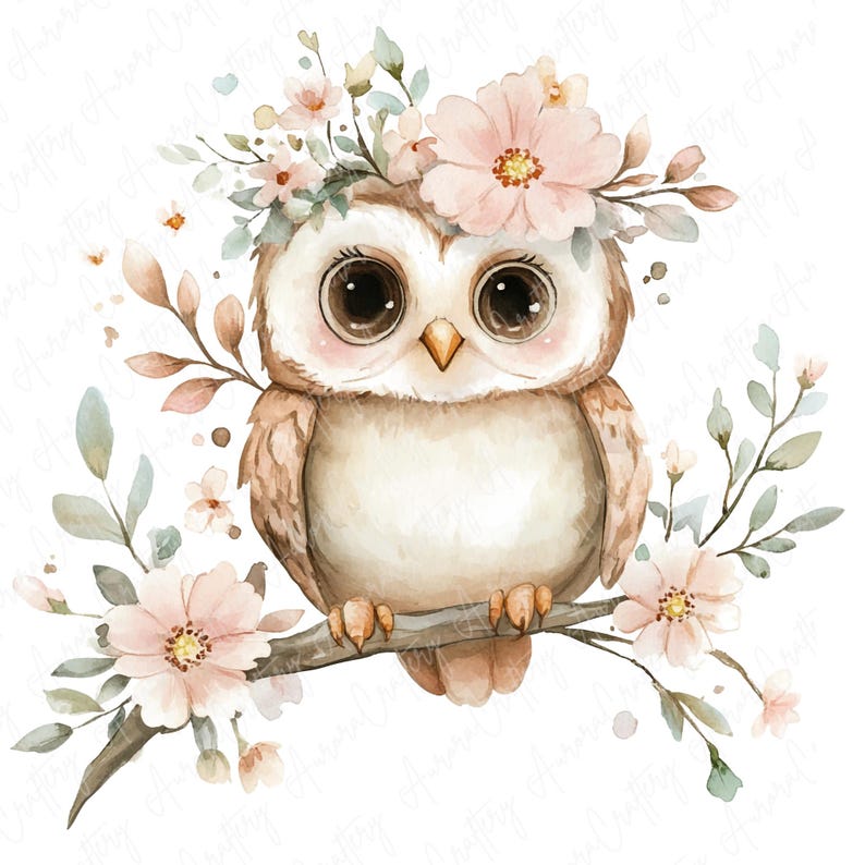 A set of 9 watercolor owl clipart images featuring cute owls perched on floral branches, ideal for nursery decor, rustic projects, and woodland-themed art designs.