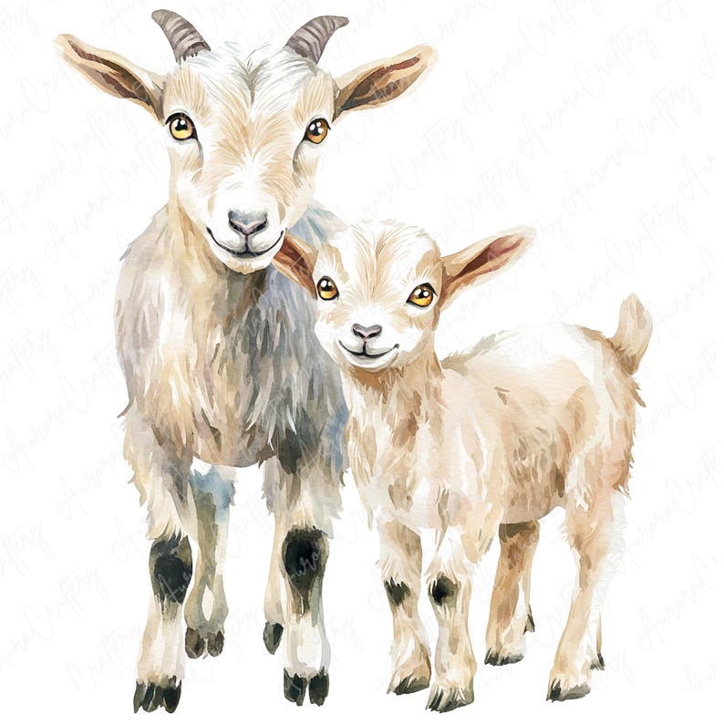 A collection of 11 watercolor cute goat clipart illustrations featuring baby goats in playful and adorable poses, ideal for farm-themed crafts and nursery decor.