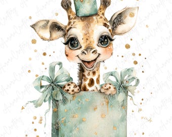 4 graziose clipart di giraffa pastello, animali da safari in scatola regalo verde acqua con corona, lavoretti ad acquerello per baby shower, JPG di alta qualità