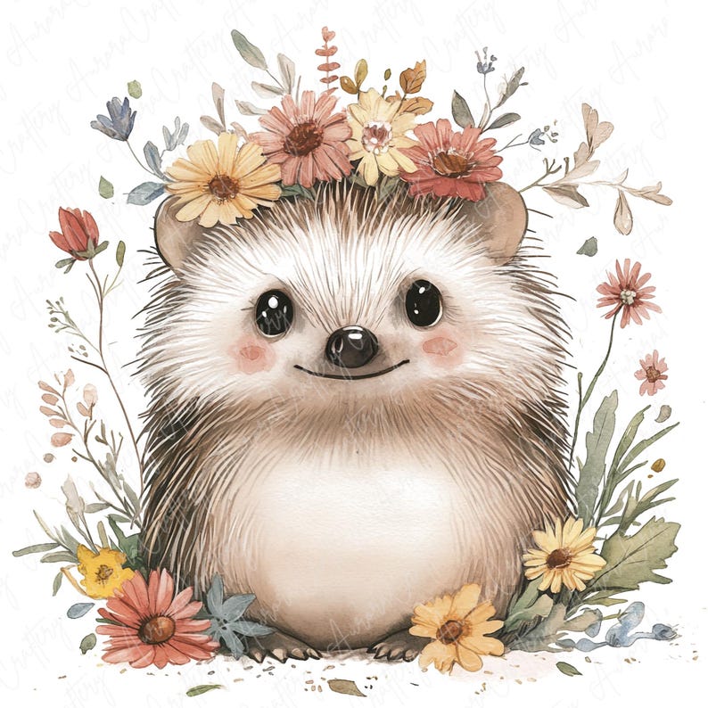 A collection of 9 watercolor hedgehog clipart images, featuring hedgehogs in floral woodland settings, perfect for nursery decor and woodland-themed projects.