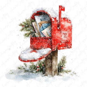 May include: Watercolor illustration of a red mailbox covered in snow, with a flag raised. The mailbox is overflowing with letters and decorated with pine branches and berries. The mailbox is mounted on a wooden post.