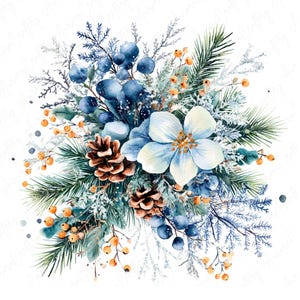 8 bouquet de fleurs d'hiver aquarelle, pommes de pin et baies, clipart fleur de saison pour travaux manuels festifs, téléchargement JPG floral de haute qualité