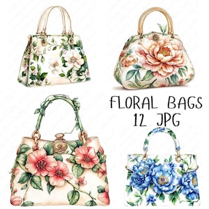 12 imágenes prediseñadas de bolsos de acuarela, imágenes prediseñadas de bolsos florales, bolsos con motivos florales, imágenes prediseñadas de monederos florales para manualidades de bricolaje, descarga JPG de alta calidad