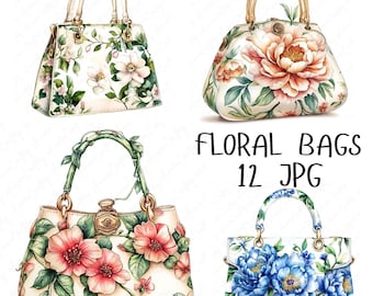 12 Watercolor Handbag Clipart, Floral Bags Clipart, Bag with Floral Patterns, Floral Purse Clipart for DIY Crafts, High-Quality JPG Download