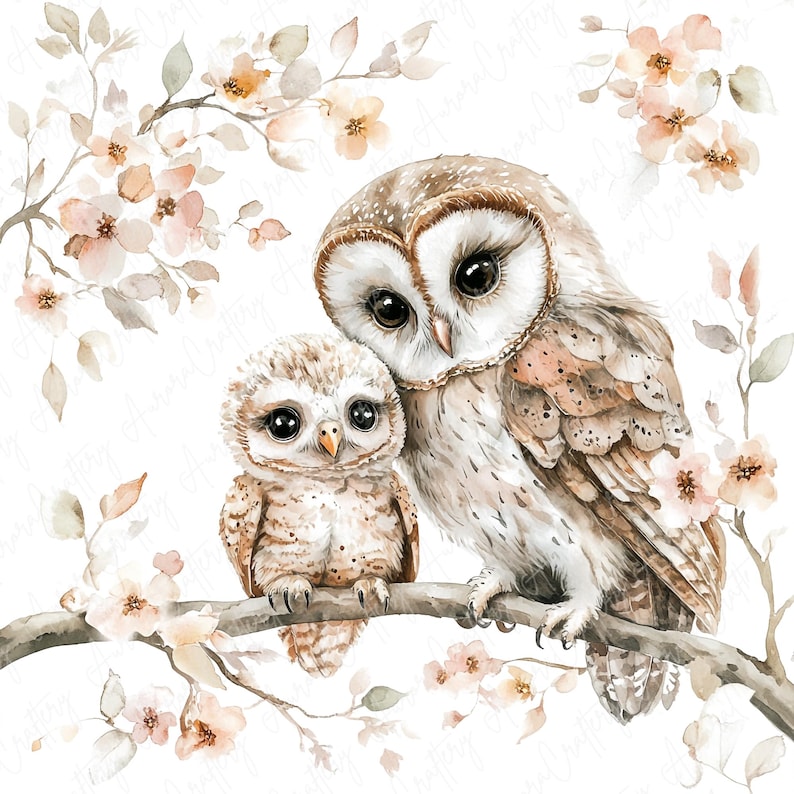 A set of 9 watercolor owl clipart images featuring cute owls perched on floral branches, ideal for nursery decor, rustic projects, and woodland-themed art designs.