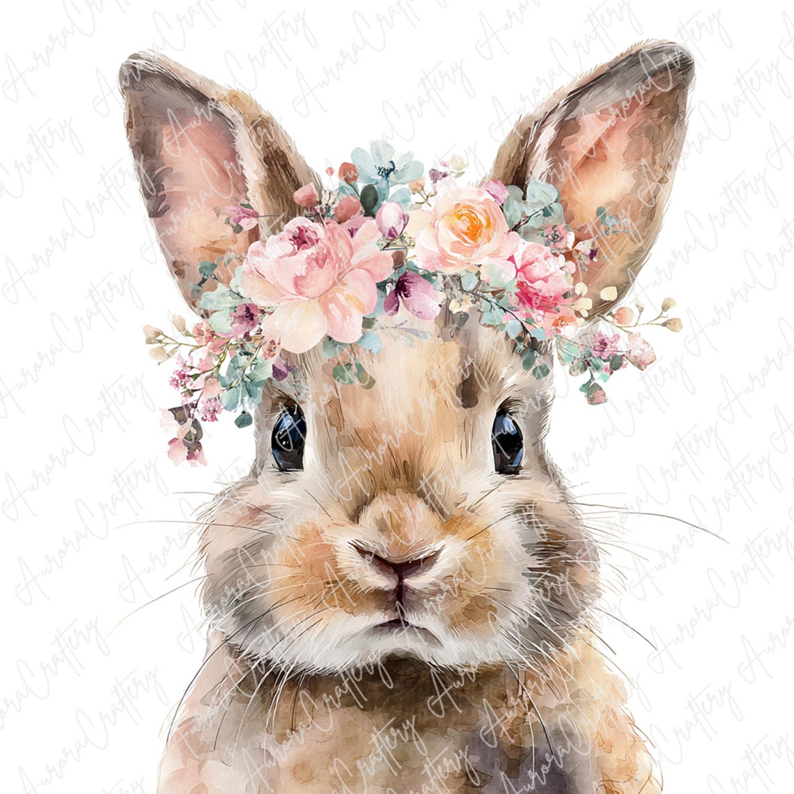 7 Watercolor Bunny Clipart With Flower Crowns, Cute Rabbit Clipart for ...