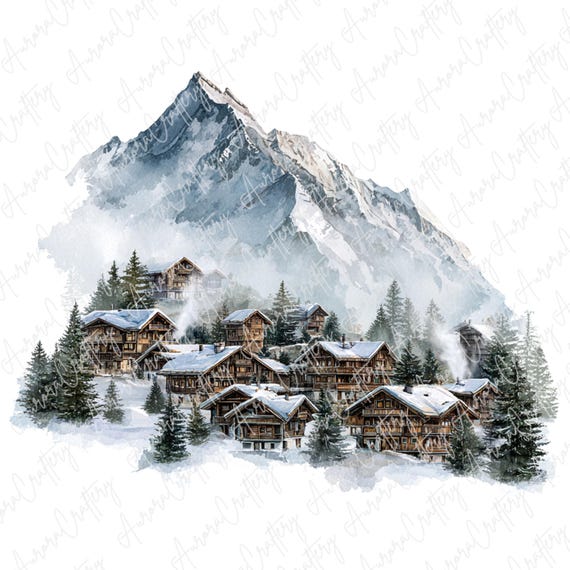7枚の水彩画風冬の山村のクリップアートJPG、雪に覆われたシャレー