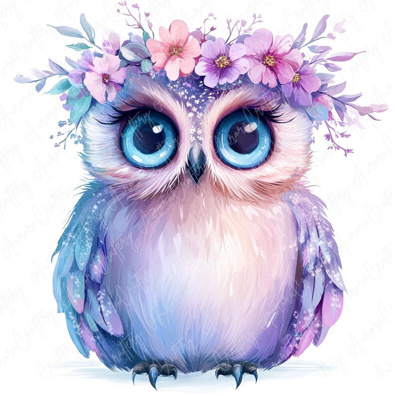 A collection of 16 whimsical watercolor owls adorned with beautiful floral crowns, ideal for use in invitations, nursery decor, and stickers. Each owl is intricately designed with delicate flowers and bright colors.