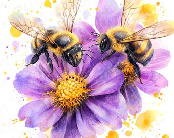 5 つの水彩画の蜂のクリップアート、紫の花のクリップアート、ミツバチ