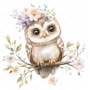 A set of 9 watercolor owl clipart images featuring cute owls perched on floral branches, ideal for nursery decor, rustic projects, and woodland-themed art designs.
