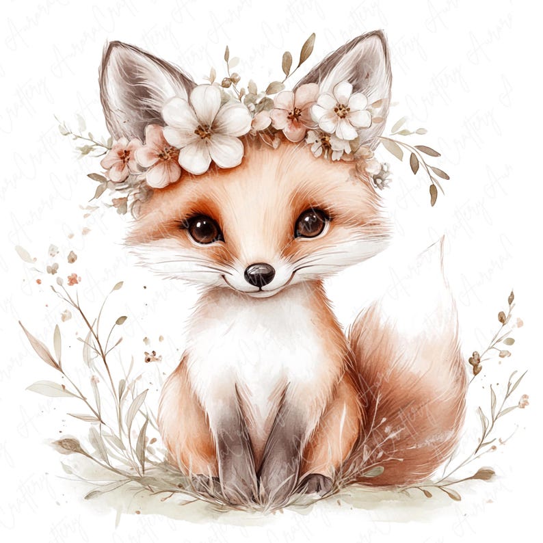 Pu&ograve; includere: Un'illustrazione ad acquerello di una volpe carina che indossa una corona di fiori. La volpe &egrave; seduta su un letto di foglie verdi e fiori. La volpe ha una coda soffice e grandi occhi marroni.