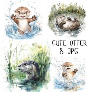 8 Aquarell Otter Clipart, verspielter Otter im Wasser, niedlicher Otter Clipart, Tier Clipart für Papierhandwerk, hochwertiger JPG digitaler Download