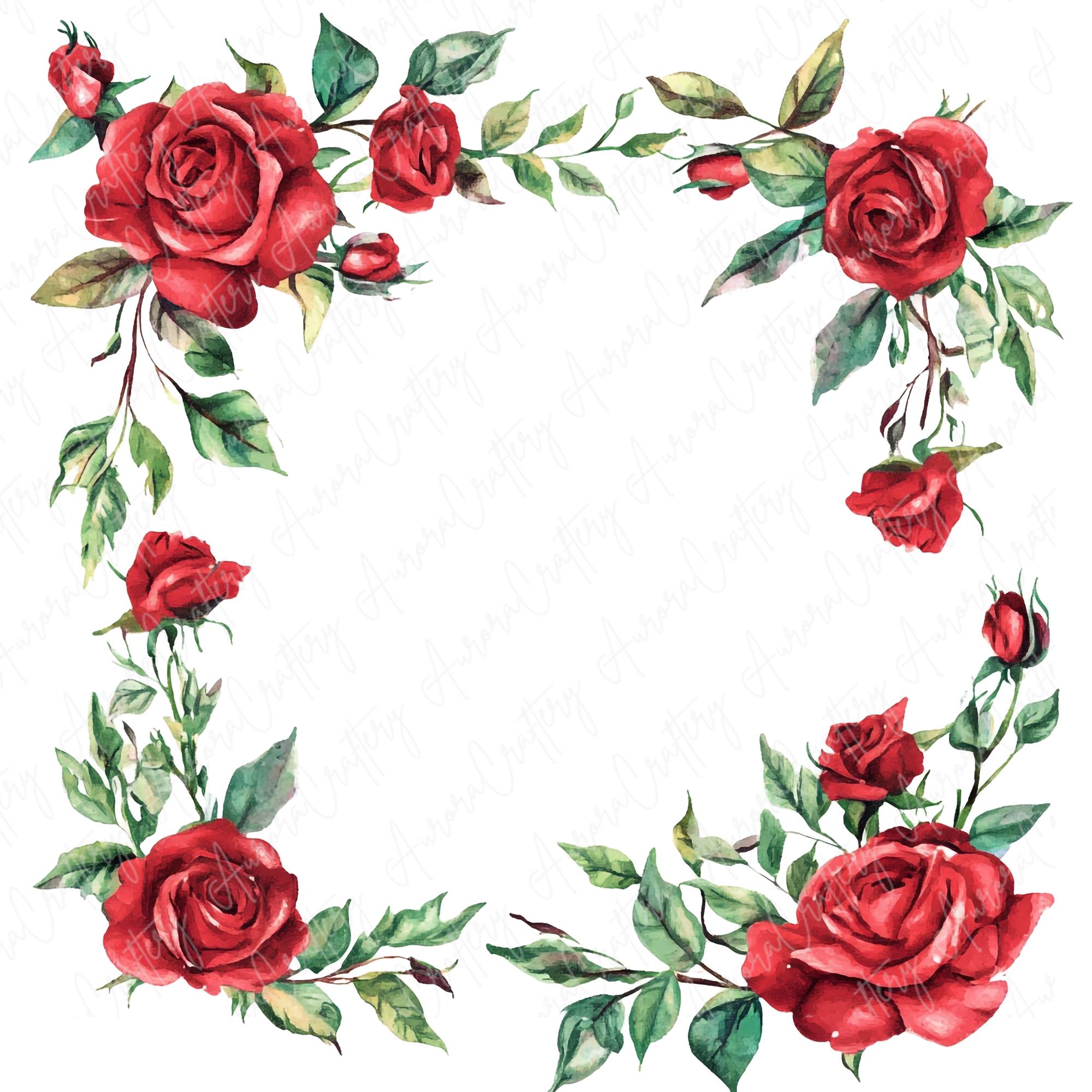 12 Watercolor Rose Frame Clipart, Valentine's Red Roses Square Frames ...