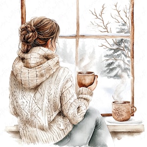 7 aquarel winterraam scène clipart, meisje door Windows met uitzicht op de winter, winter meisje clipart winterlandschap, hoge kwaliteit JPG download