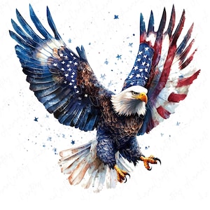 18 Clipart di aquila americana ad acquerello, bandiera USA JPG / Aquile calve patriottiche, bandiera americana rossa, bianca e blu / Download digitale JPG di alta qualità