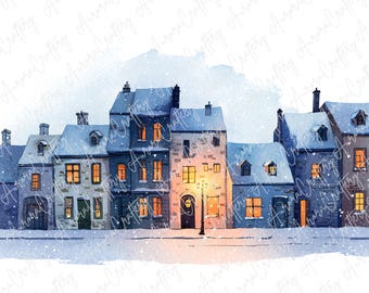 14枚の水彩画風冬の街並みのクリップアート、暖かいライトが灯る雪景色