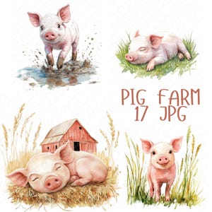 17 imágenes prediseñadas de granja de cerdos en acuarela, imágenes prediseñadas de animales de granja, imágenes prediseñadas de cerdos, imágenes prediseñadas de animales de guardería para manualidades de papel, descarga JPG de alta calidad