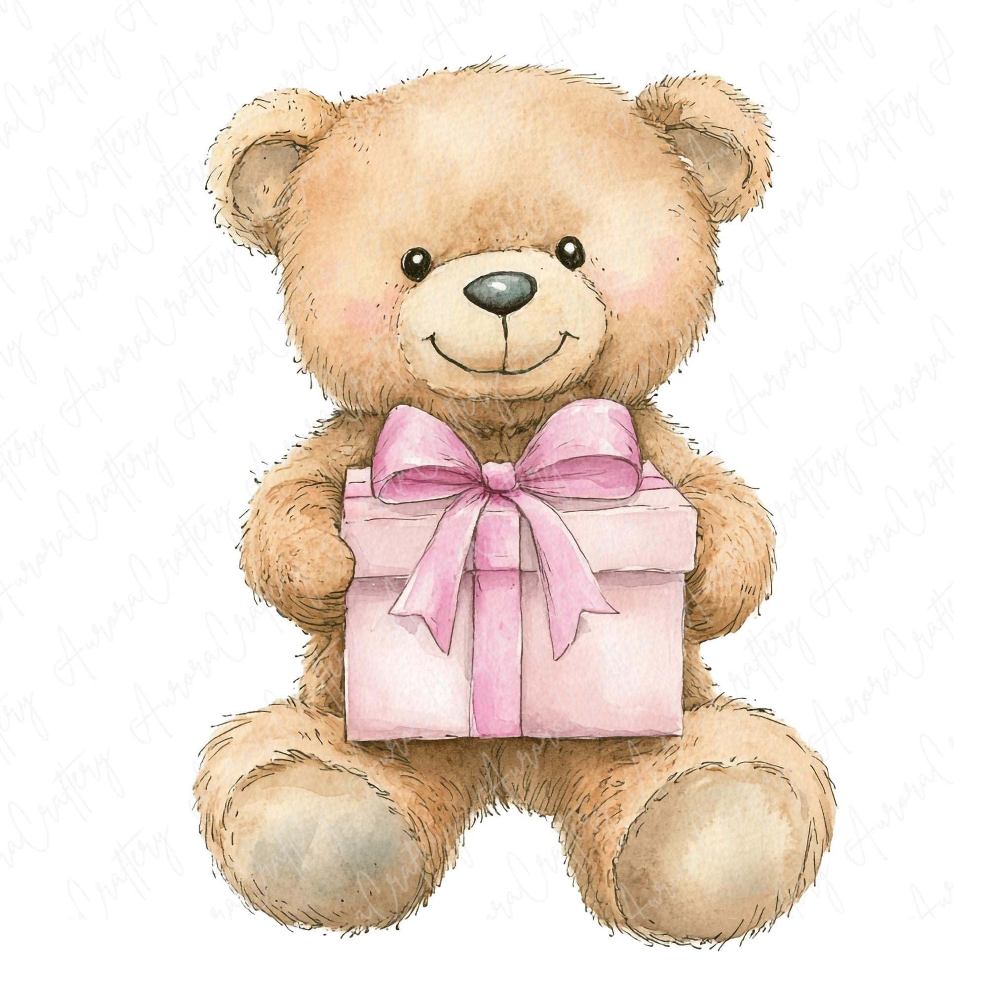 5 Cute Teddy Bear Clipart, Watercolor Teddy Bears With Hearts and Gifts ...