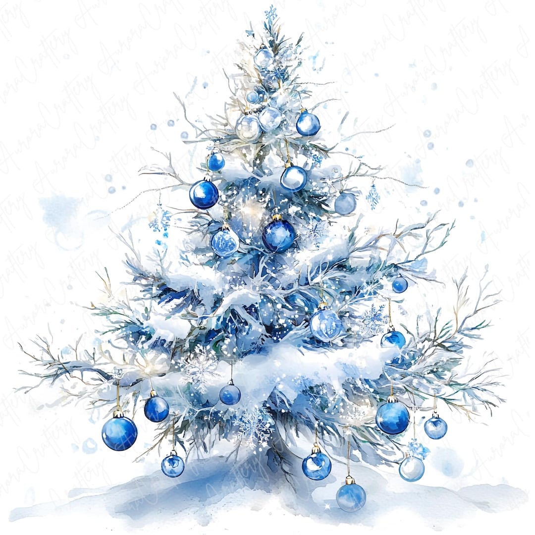 8 Watercolor Blue Winter Trees Clipart, Glittery Snow Tree Clipart ...