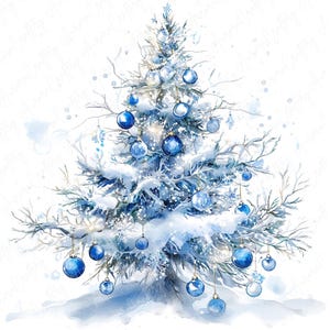 Puede incluir: Una pintura de acuarela de un árbol de Navidad cubierto de nieve decorado con adornos azules. El árbol está rodeado de un fondo blanco con copos de nieve azules y blancos.