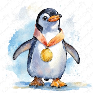5 Watercolor Celebration Penguins with Gold Medals, Cute Penguin Clipart, Animal Clipart for Sport Day, Sports Clipart, High Quality JPG