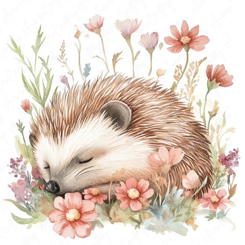 A collection of 9 watercolor hedgehog clipart images, featuring hedgehogs in floral woodland settings, perfect for nursery decor and woodland-themed projects.
