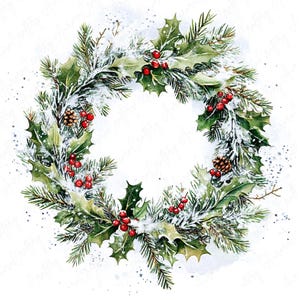 9 Clipart Couronne d'hiver aquarelle, clipart festif Couronne à feuilles persistantes, clipart vacances saisonnières pour travaux manuels festifs, téléchargement JPG de haute qualité