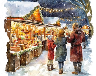 5 Watercolor Winter Market Clipart, Snowy Village Market, Winter Festive Clipart, Family in Winter Market, Festive Crafts, High-Quality JPG