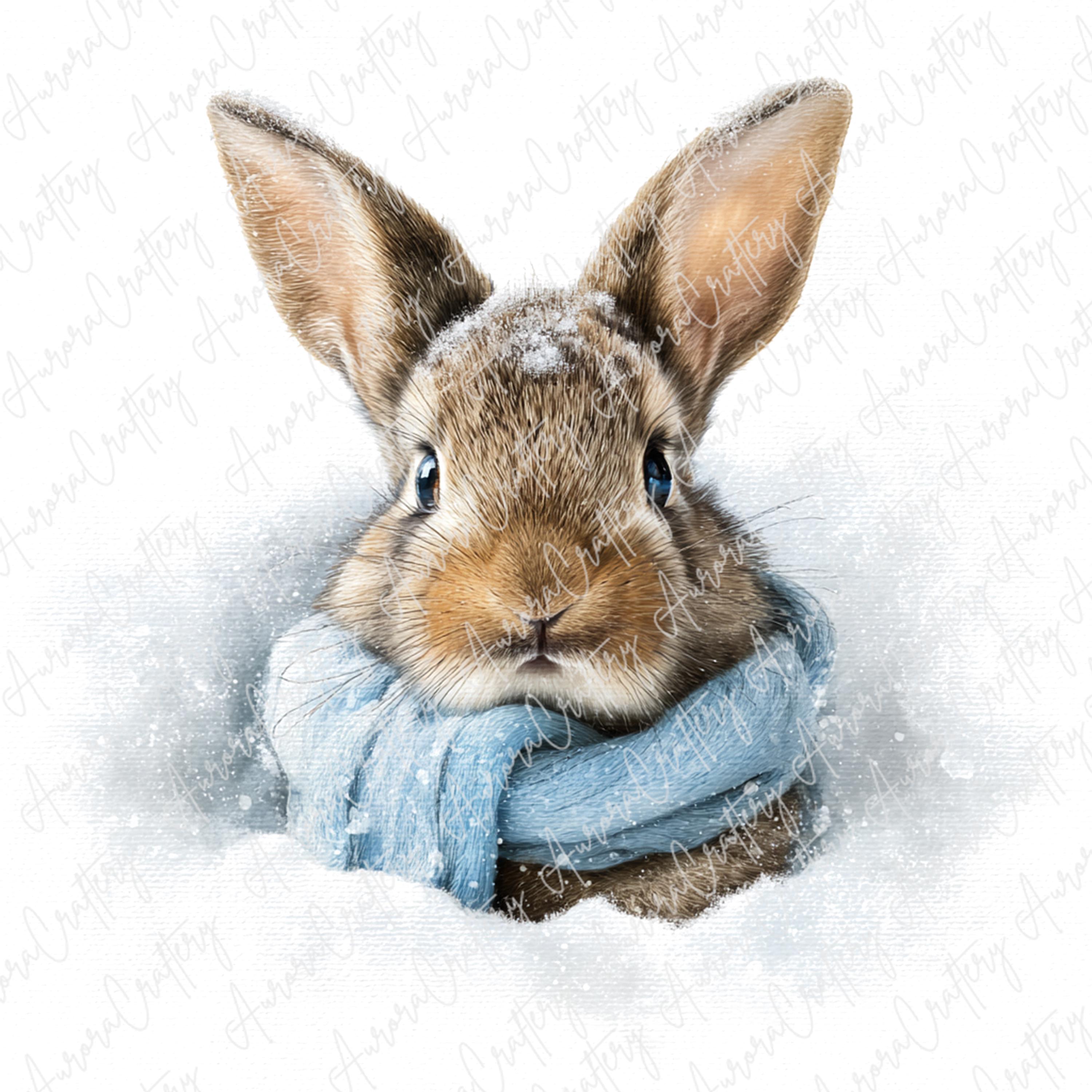 8 Watercolor Winter Bunny Clipart, Cute Rabbit in Blue Scarf Sitting in ...