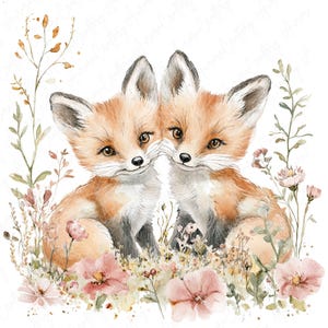 Pu&ograve; includere: Due cuccioli di volpe dipinti ad acquerello con pelliccia marrone e segni bianchi sono rannicchiati insieme in un campo di fiori rosa e bianchi. Le volpi hanno il naso e gli occhi neri. Lo sfondo &egrave; un acquerello bianco.
