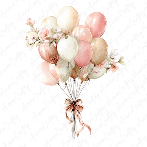 May include: A watercolour illustration of a bunch of balloons in shades of pink, cream, and brown, decorated with delicate pink flowers. The balloons are tied with a brown ribbon and streamers, creating a festive and elegant design.