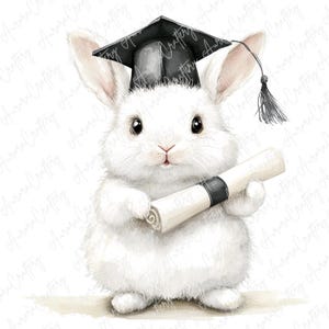 6 Aquarell weiße Abschluss Kaninchen Clipart Kaninchen in schwarzen graduierten Hüten, niedliche Tier Abschluss Clipart für Papierhandwerk, hochwertige JPG