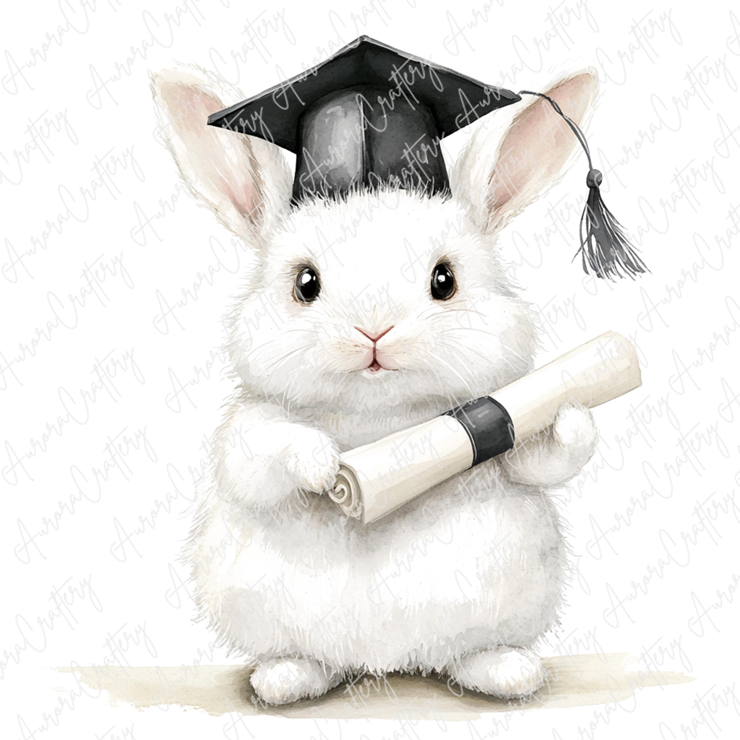 1st Grad Rabbit 6 Watercolor White Graduation Bunny Clipart Rabbits in Black Grad Hats ...