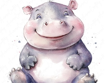 4 aquarel baby nijlpaard clipart, schattige jungle dieren clipart, baby shower clipart, baby nijlpaard kwekerij clipart, hoogwaardige JPG-download