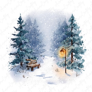 Op de afbeelding: Waterverfschilderij van een besneeuwde winterscène. Twee hoge naaldbomen omlijsten een met sneeuw bedekt pad dat leidt naar een warme, gloeiende lantaarnpaal. Een houten bank staat links en sneeuwvlokken vallen zachtjes.