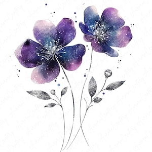 Bundle de 14 cliparts floraux aquarelle Dreamscape Galaxy, fleurs violettes et bleues, JPG de haute qualité, téléchargement immédiat, créations Clipart imprimable