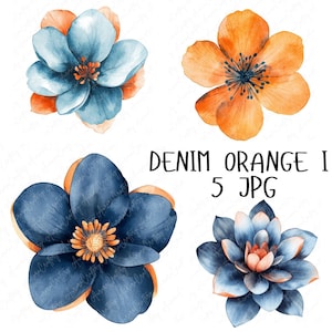 5 Watercolor Denim Orange Floral Clipart, Blue and Orange Flowers, Abstract Flower Clipart Crafts, High-Quality JPG, Instant Download