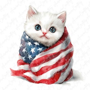 6 Clipart chat patriotique, 4 juillet Clipart, clipart USA, chat mignon avec drapeau américain Clipart, clipart fête de l&#39;indépendance, JPG haute qualité