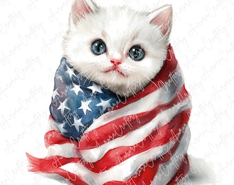 6 Patriotic Cat Clipart, 4th of July Clipart, USA Clipart, Cute Cat with American Flag Clipart, Independence Day Clipart, High Quality JPG