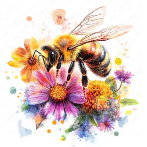 4 Watercolor Bee Clipart, Vibrant Bee on Flower Clipart, Spring Clipart, Honey Bee, Floral Clipart for Crafts, High Quality JPG Download
