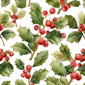 May include: A seamless pattern featuring watercolor holly branches with red berries and green leaves. The leaves have a textured appearance with gold flecks, set against a white background. This design is suitable for holiday-themed products.