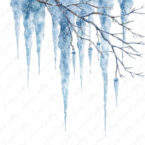 May include: A watercolour illustration of icicles hanging from tree branches. The icicles are a translucent blue colour with a textured appearance, and the branches are brown. The background is white, creating a wintery scene.