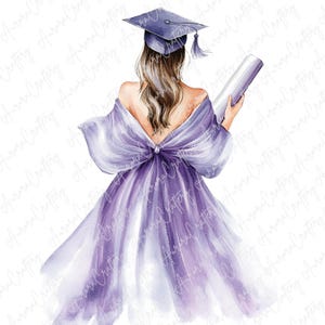 Mädchen in Lavendel-Abschluss-Kleidern, Mädchen-Graduierung Clipart, weiches Aquarell-Diplom-Mädchen für Karten und Kunsthandwerk, hochwertige JPG-Download