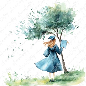 3 Aquarell-Abschluss-Mädchen mit Baum Clipart, Mädchen in der Kappe und im Kleid, die Diplome mit Bäumen halten, Natur-Abschluss-Kunst, hochwertige JPG