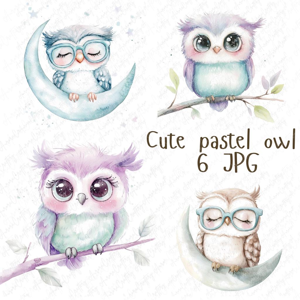 6 Watercolor Pastel Owl Clipart, Cute Owls in Soft Colors for Scrapbooking, Stickers, and Paper Craf