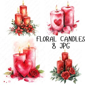 8 Clipart de velas florais em aquarela, Clipart de velas românticas com rosas vermelhas, Clipart de velas festivas para artesanato, Download JPG de alta qualidade