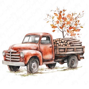 May include: A red vintage pickup truck with a wooden bed is carrying a pile of logs. The truck is parked on a grassy area with a small tree with orange leaves in the background.
