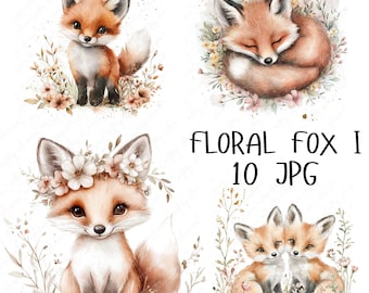 10 Aquarell Fuchs Clipart, Floral Fuchs mit Blumen, Waldtier Clipart, niedlichen Fuchs Kinderzimmer Clipart, hoher Qualität JPG digitaler Download